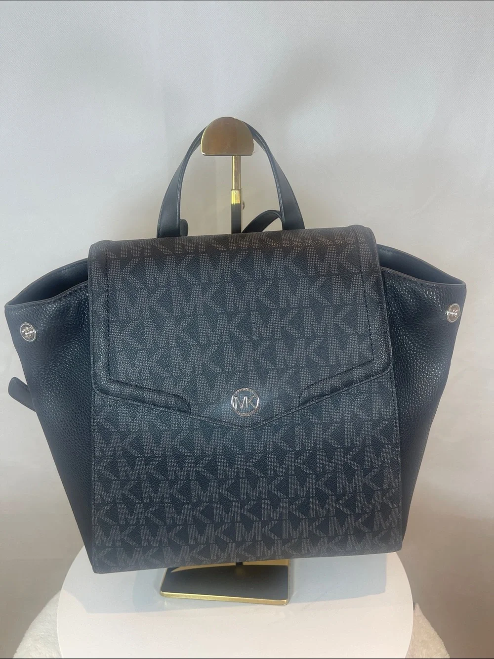 Michael Kors Black MK Logo Pattern Backpack , Size Medium.